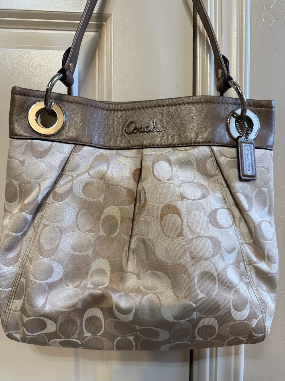 Coach Beige & Light Brown Signature Pleated Shoulder Bag